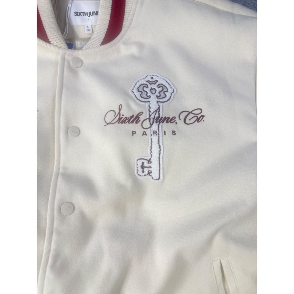 Sixth June Paris Varsity Bomber Jacket Cream Beige Burgundy US Mens L
